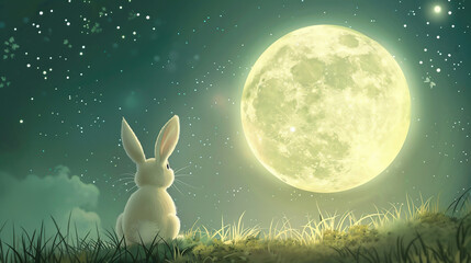 白いうさぎと輝く満月の幻想イラスト