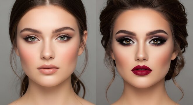 Sidebyside makeup comparison left shows natural makeup right shows glam look with red lips  heavy eye makeup - Powered by Adobe