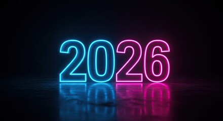 Neon 2026: Futuristic Glowing Numbers on Reflective Surface, Dark Background.