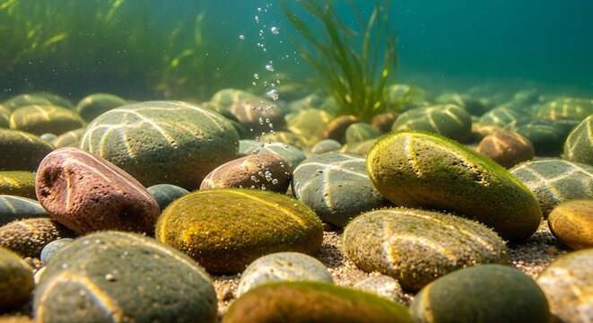 Underwater riverbed with smooth colorful stones and aquatic plants.