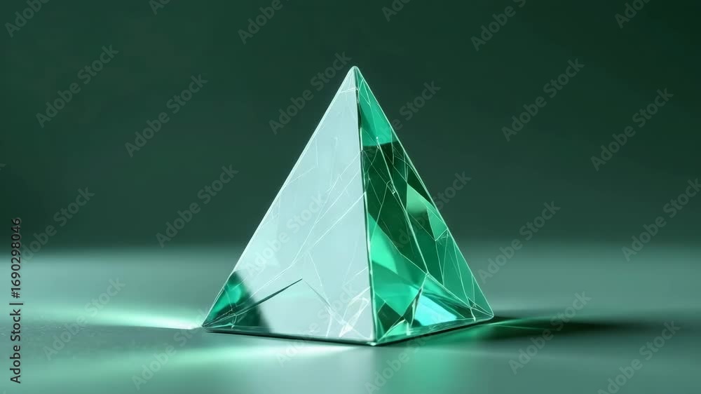 Poster green glass crystal pyramid with sharp geometric edges and transparent smooth surface reflecting lig