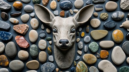 Stone deer head bust amidst collection of natural pebbles, artistic and earthy display.