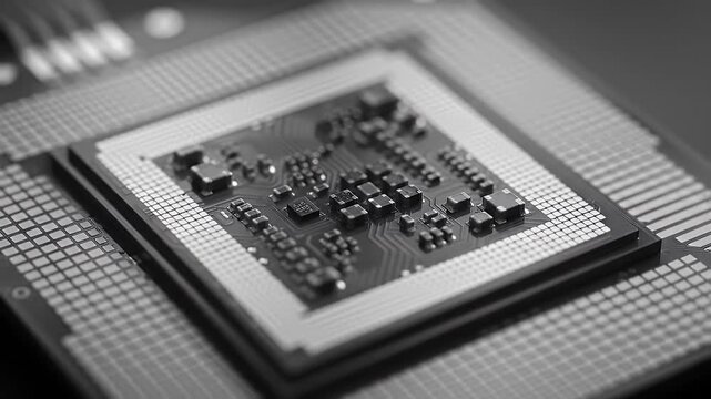 Close-up of a computer processor chip, showcasing intricate circuitry and design in a monochrome setting.