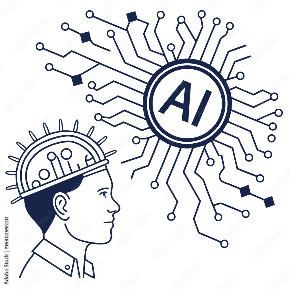 Poster vector art of a visionary engineer with a futuristic hard hat stands beside a circuit board displayi