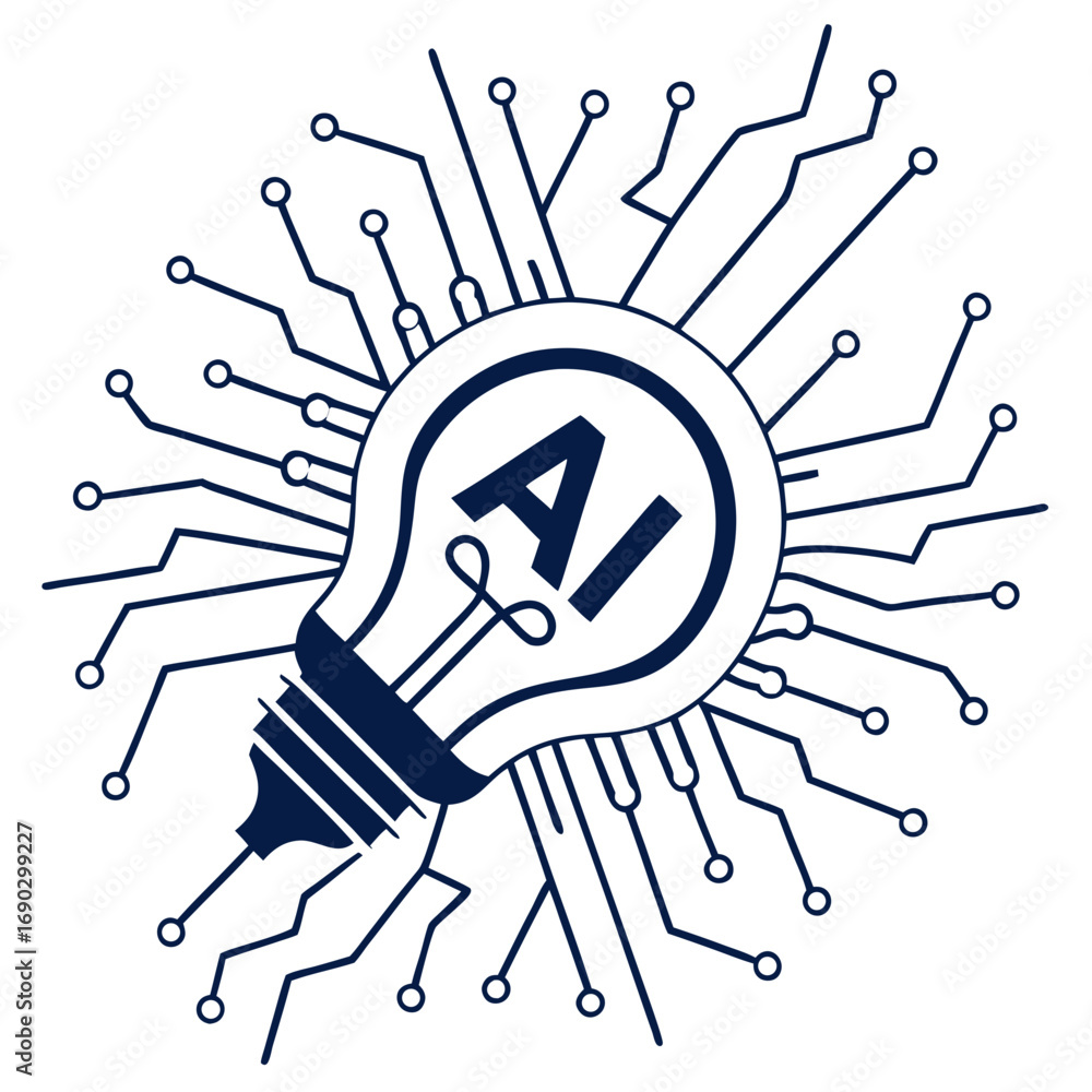 Poster vector art of a light bulb filled with ai is surrounded by a circuit board, representing the illumin