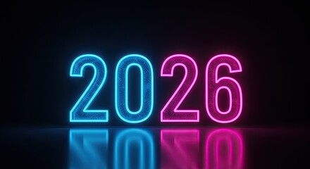 Neon 2026: Futuristic Glowing Numbers Reflecting on Glossy Surface.