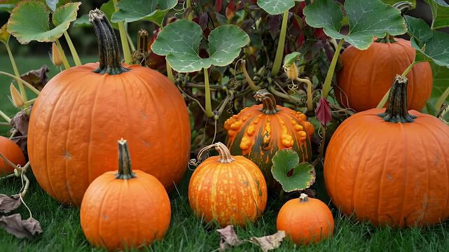 Collection of Orange Pumpkins on Green Grass with Foliage Backdrop and Natural Lighting