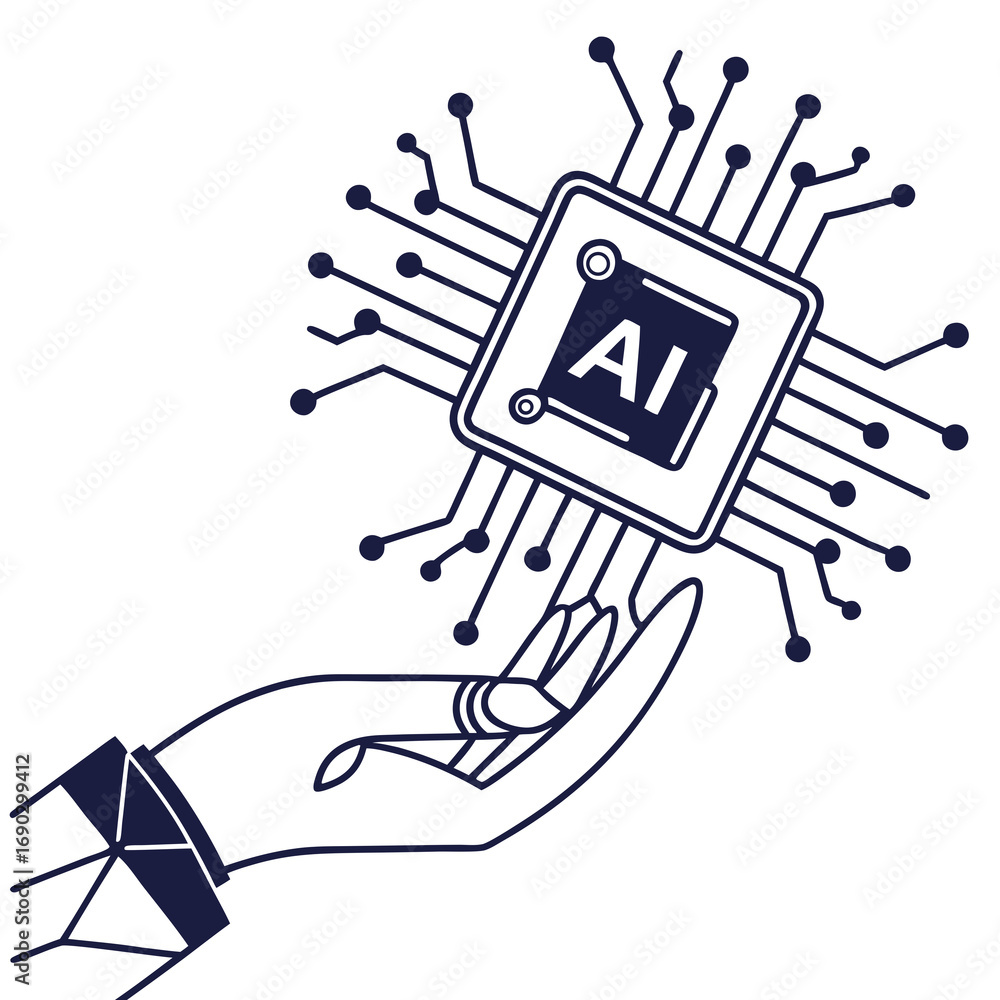 Poster vector art of artificial intelligence concept featuring a hand holding a microchip with ai lettering