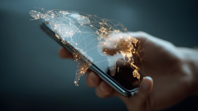 Global Connection at Fingertips: A human hand holds a modern smartphone displaying a glowing digital map of the world, a visual metaphor for seamless global connectivity and technological advancement.