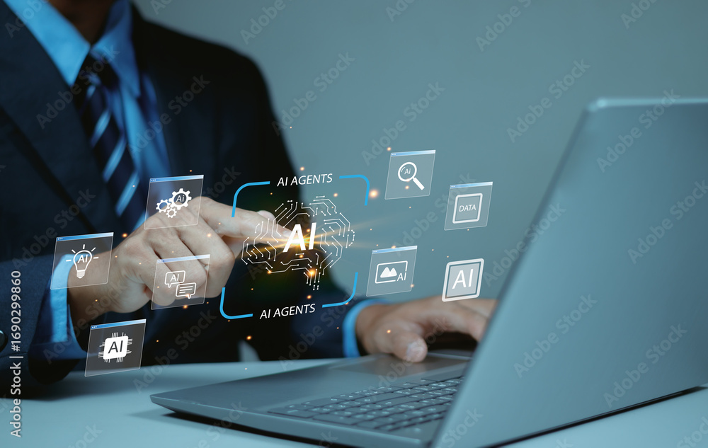 Poster ai agents innovation concept. futuristic digital interface with artificial intelligence icons, comma