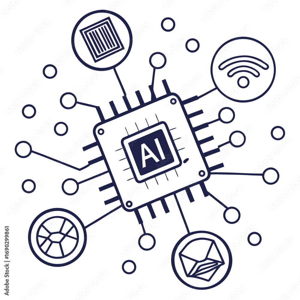Poster illustration of an ai chip with connected icons representing various technologies the icons include 