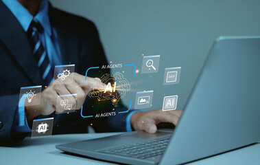 AI Agents innovation concept. Futuristic digital interface with artificial intelligence icons, command prompts, and data flow visuals for tech, automation, and machine learning themes.