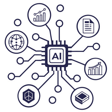 Vector art of artificial intelligence concept showing a central processing unit with ai lettering connected to various icons representing data analysis, global network, document, and statistics
