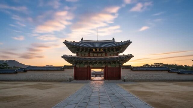 Ancient asian gateway at sunrise