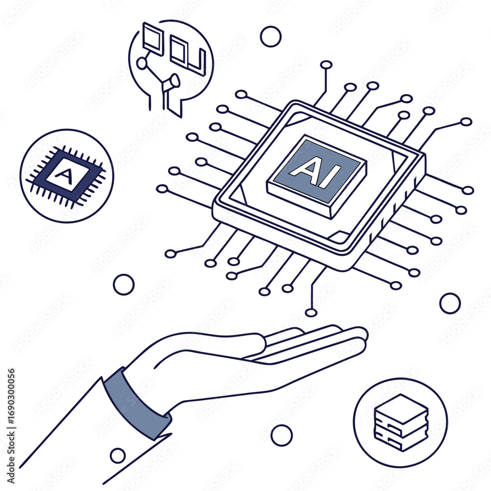 Poster vector art of artificial intelligence concept featuring a hand holding a microchip, symbolizing the 