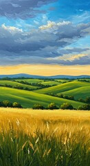 Obraz premium Impressionistic painting of rolling green hills and a golden wheat field