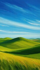 Obraz premium Impressionistic painting of rolling green hills under a blue sky Keywords: painting