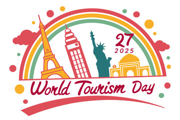 World Tourism Day celebration design with travel icons, landmarks, airplane, globe, and cultural elements. Perfect for posters, banners, and digital media.