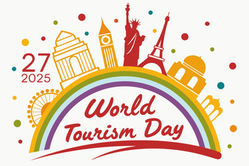 World Tourism Day celebration design with travel icons, landmarks, airplane, globe, and cultural elements. Perfect for posters, banners, and digital media.