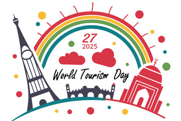 World Tourism Day celebration design with travel icons, landmarks, airplane, globe, and cultural elements. Perfect for posters, banners, and digital media.