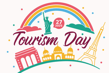 Obraz premium World Tourism Day celebration design with travel icons, landmarks, airplane, globe, and cultural elements. Perfect for posters, banners, and digital media.