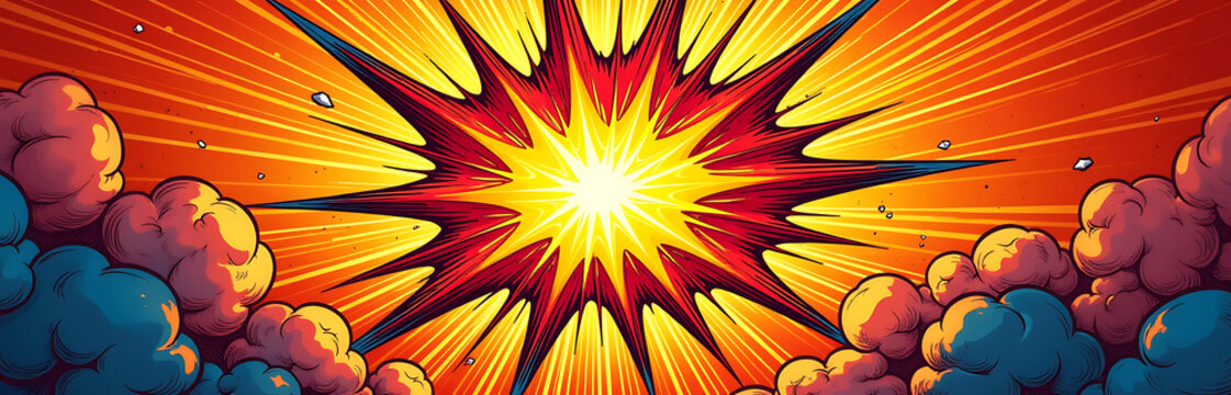 dynamic comic book explosion fills frame set warm background vibrant colors bold brushstrokes