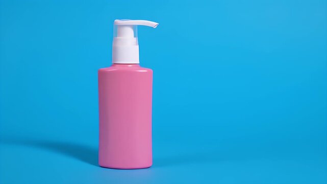 Pink Bottle Container with White Pump on Blue Background in Studio Lighting