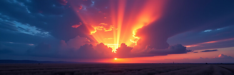 dramatic cosmic beam fiery orange purple hues bursts wispy clouds dusk casting ethereal glow serene darkening