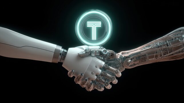 Digital Partnership: A detailed portrayal of a handshake between a sleek robotic hand and a detailed metallic hand. This image portrays the collaboration and synergy between technology.
