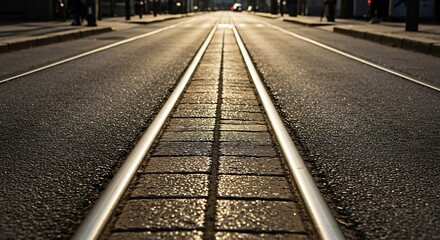 Tram tracks on a city road perspective view.