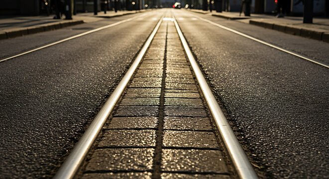 Tram tracks on a city road perspective view. - Powered by Adobe