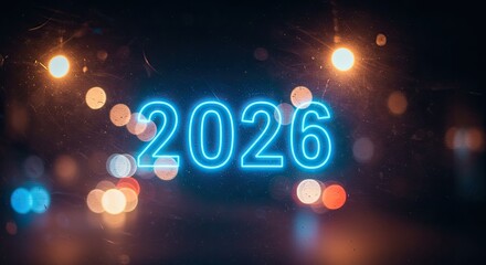 Neon 2026 Sign Against Bokeh Lights: Futuristic New Year Concept