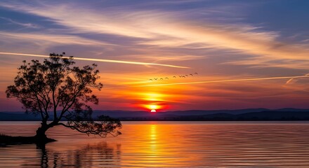 Obraz premium Vibrant Sunset Reflection Over a Calm Lake.