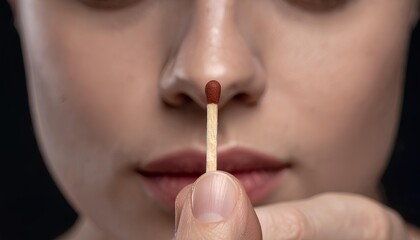 Obraz premium A beautifully lit, high-definition close-up shot capturing a delicate moment of precision as a matchstick is balanced on the nose, showcasing human focus