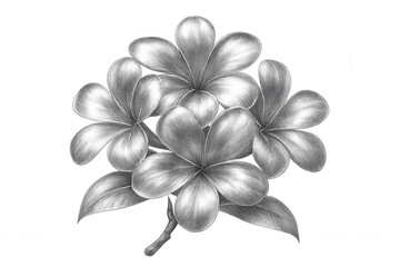 Intricate pencil rendering of plumeria blossoms, revealing soft petals and foliage against pristine white space