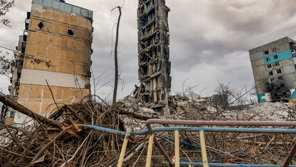 ruined street and destroyed houses in Kiev war in Ukraine