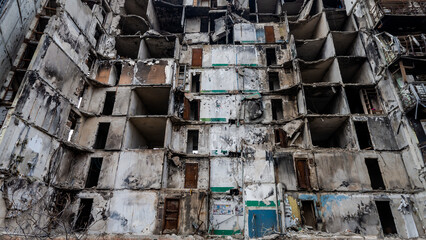 ruined street and destroyed houses in Kiev war in Ukraine