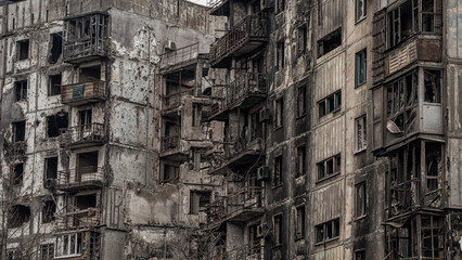 ruined street and destroyed houses in Kiev war in Ukraine