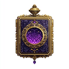 Ornate golden pendant with purple gem