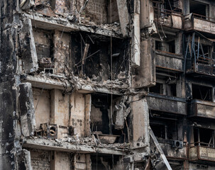 ruined street and destroyed houses in Kiev war in Ukraine