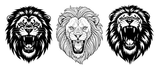 Lion roar head in black silhouette and line art style. Power, danger, predator tattoo sign. Vector illustration for mascot, logo design, graphic projects, postcard, book, badge, banner