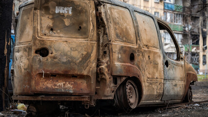 ruined street and destroyed houses in Kiev war in Ukraine