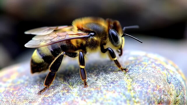 Honeybee on Pebble Stone with Detailed Wings and Legs in Sunlight