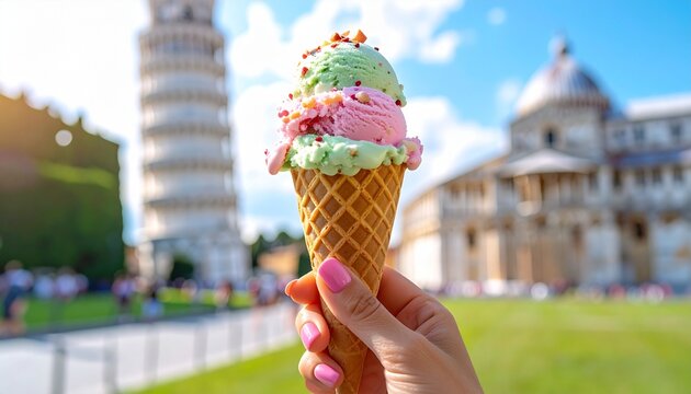 POV a woman's holding a gelato cone with strawberry and pistachio flavors in front of the Leaning Tower of Pisa, Italy. On a sunny day with blue sky.
