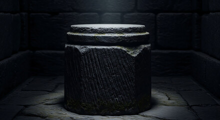 A sturdy, dark stone pedestal rises with ancient, silent authority.


