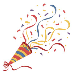 A festive party popper explodes with colorful confetti and streamers against a clean white background