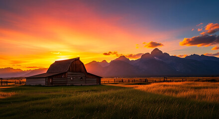 A timeless tableau: a humble barn framed by majestic mountains, all bathed in the warm glow of dusk.

