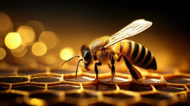 Bee on honeycomb, golden light, honey production and beekeeping concept