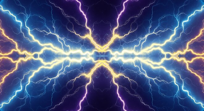 Symmetrical lightning abstract electric discharge energy design with vibrant colors and electrical