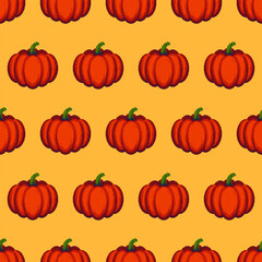 Seamless pixel art pattern of pumpkins on orange background for seasonal decoration. Vector illustration.